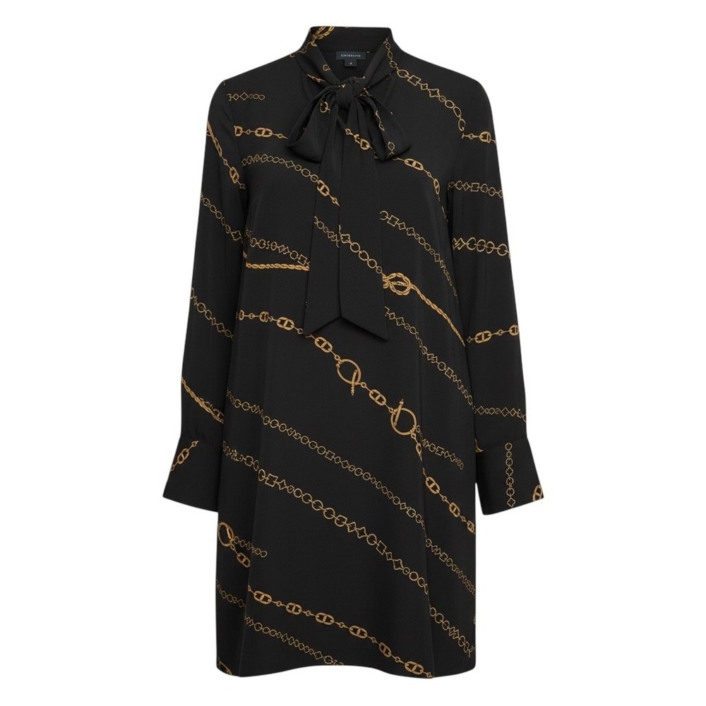 Ann Taylor Black Gold Chain Print Tie Neck Shift Dress XS Long Sleeve